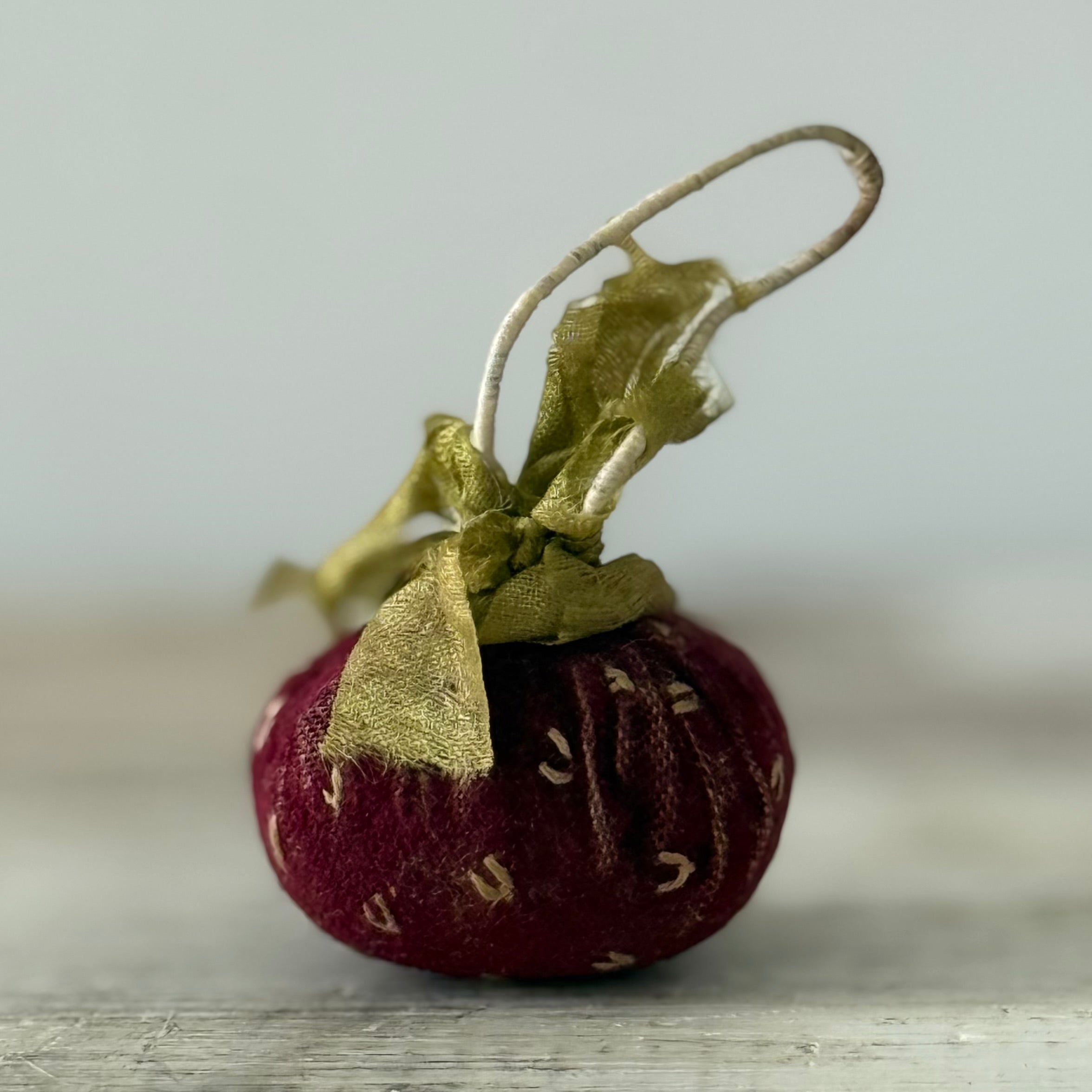 Antique Victorian Velvet Strawberry Emery with Silk Ribbon Leaves