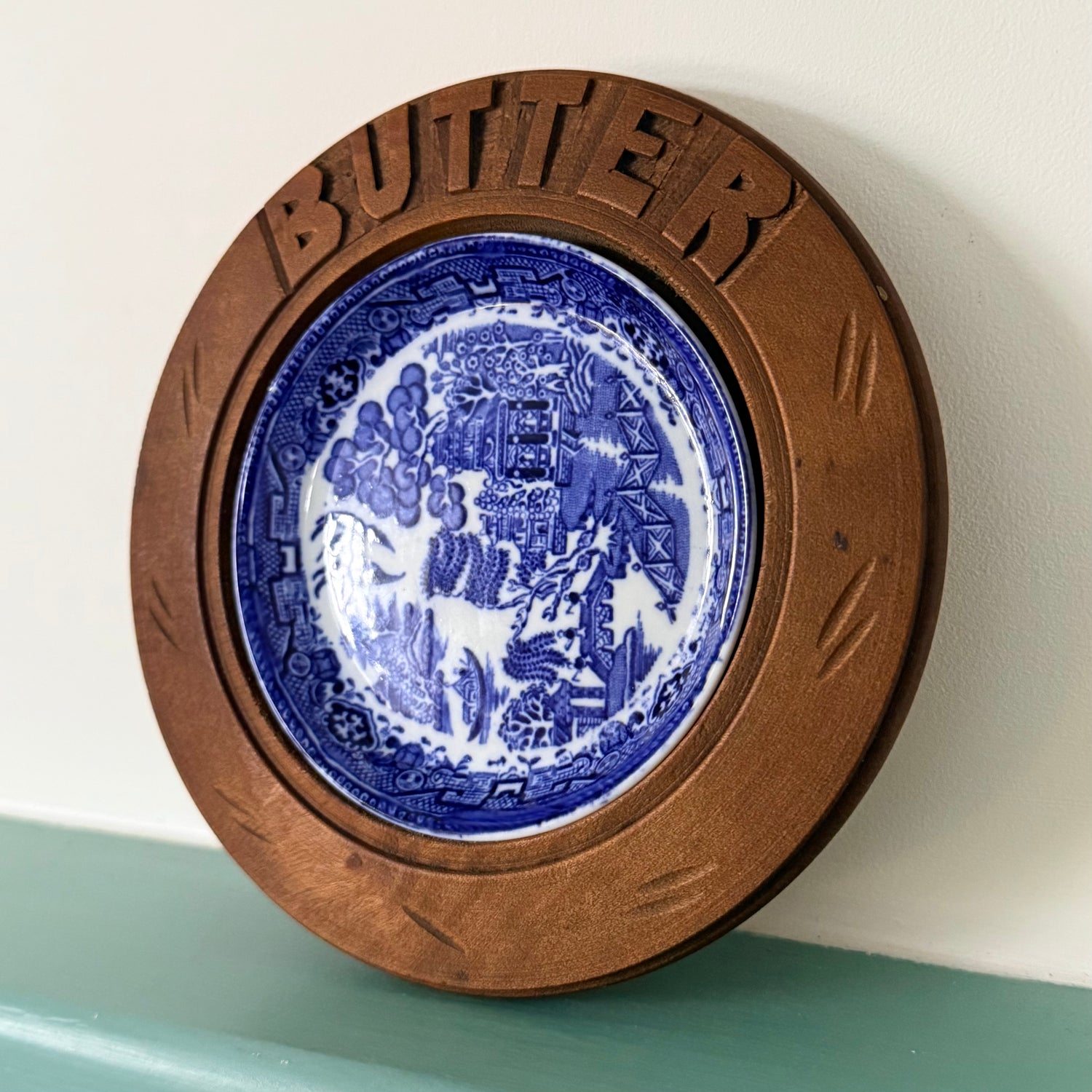 Antique Treen Butter Dish Wooden Surround with Blue Willow Insert