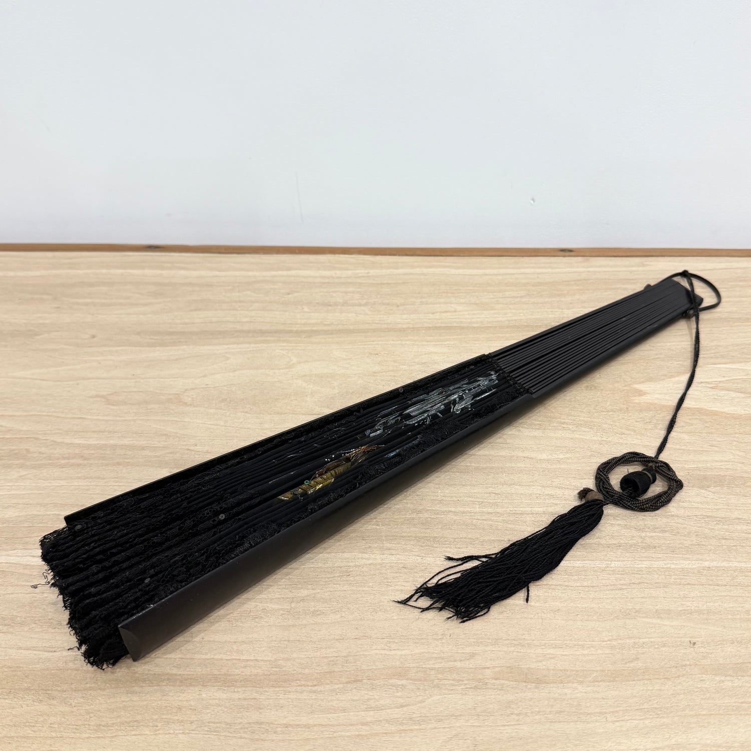 Antique Hand Painted Lace Fan with Butterflies Edwardian Black Mourning Style