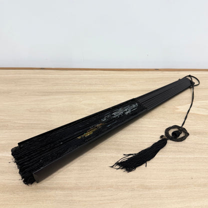 Antique Hand Painted Lace Fan with Butterflies Edwardian Black Mourning Style