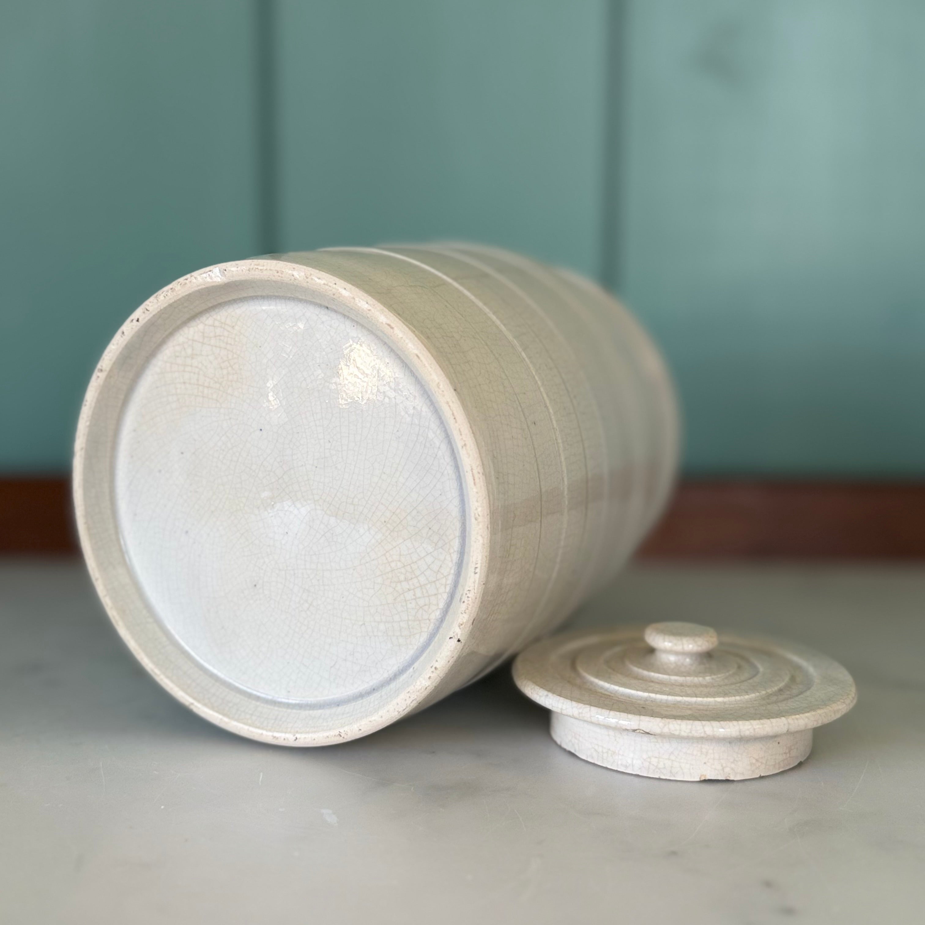 Late Victorian White Ironstone Sago Storage Jar with Ribbon Label