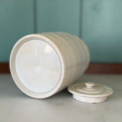 Late Victorian White Ironstone Sago Storage Jar with Ribbon Label