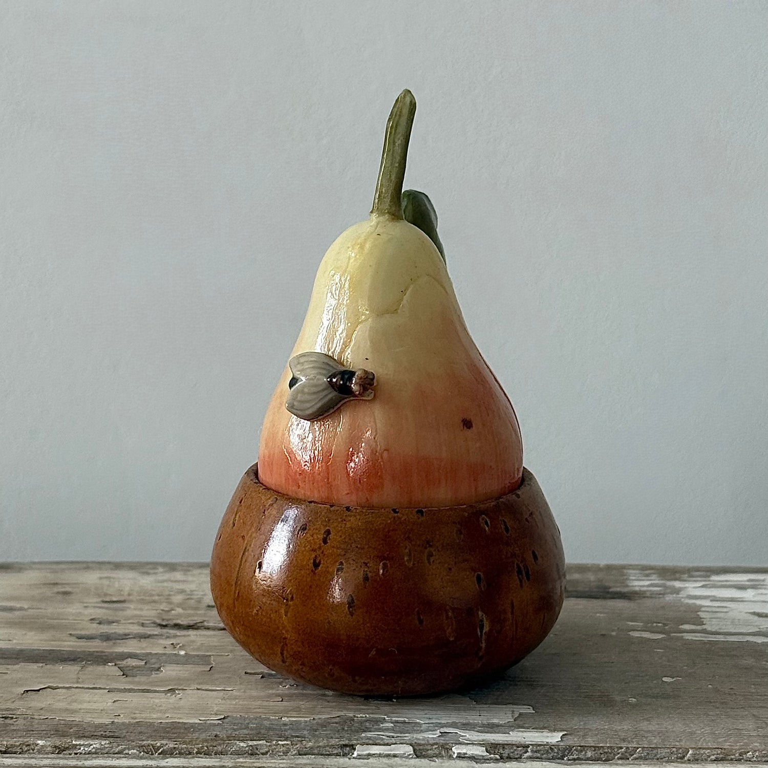 Antique Celluloid Pear Tape Measure in Coquilla Nut Base