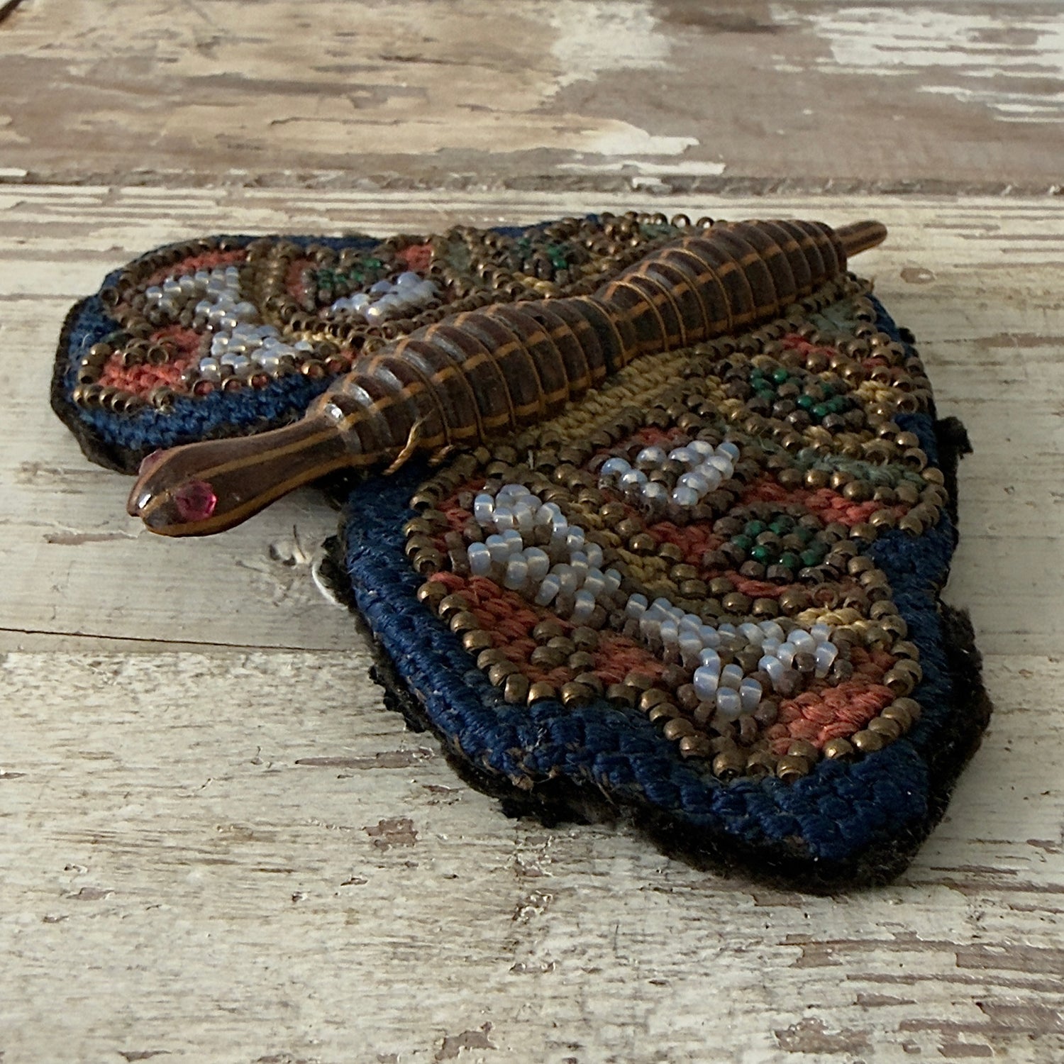 Antique Victorian Beaded Butterfly Needle Book / Pincushion with Turned Wooden Body