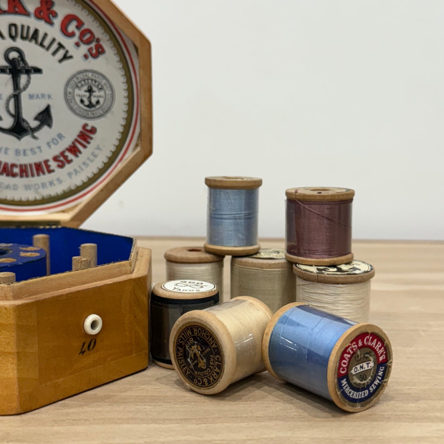 Edwardian Clark &amp; Co Mauchline-Type Transfer Cotton Reel Box with Reels