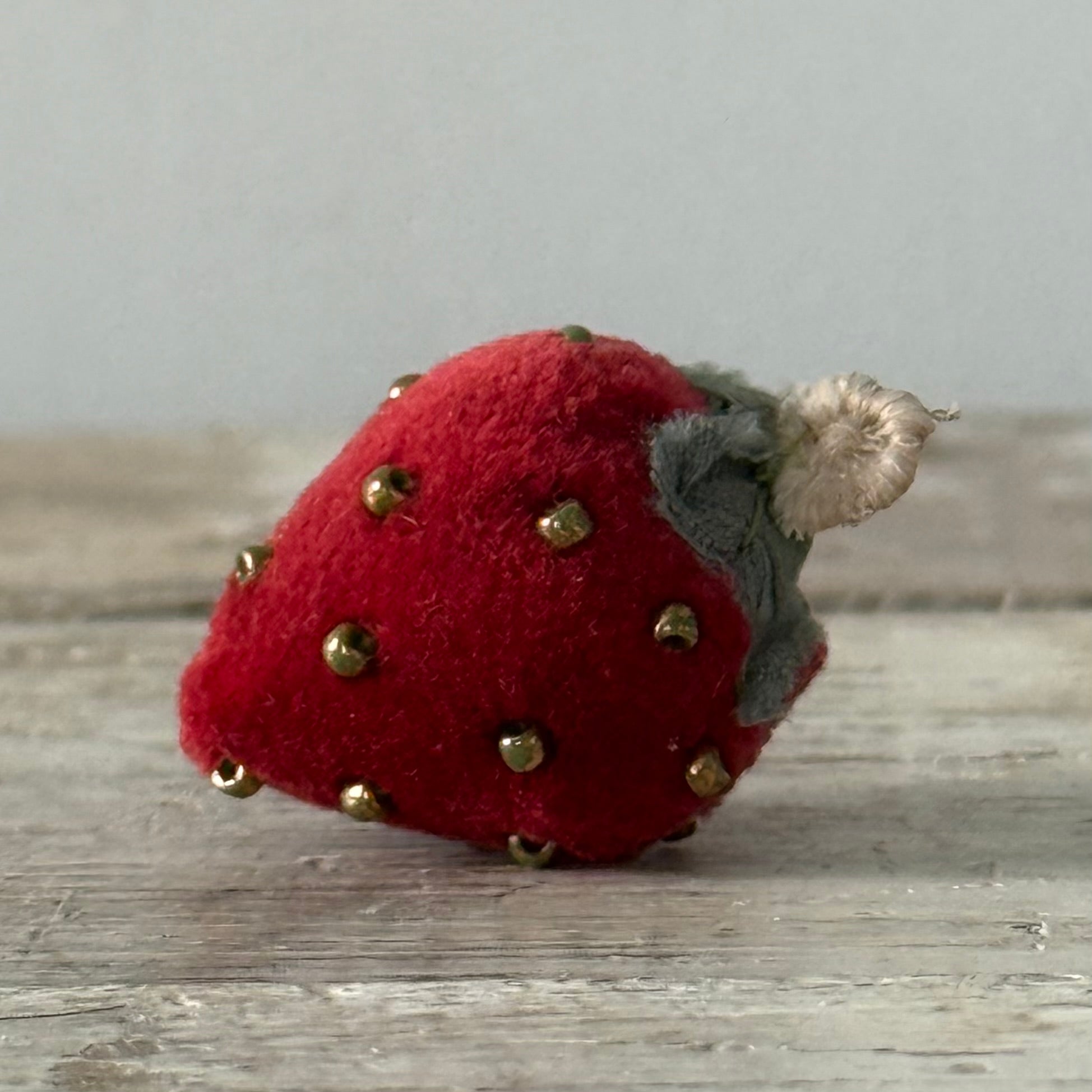 Antique Velvet Strawberry Pincushion with Metal Beads and Crocheted Flower