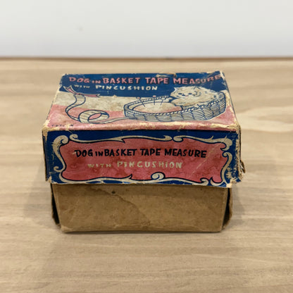 Vintage Dog in Basket Tape Measure &amp; Pincushion, Boxed, Working 36”