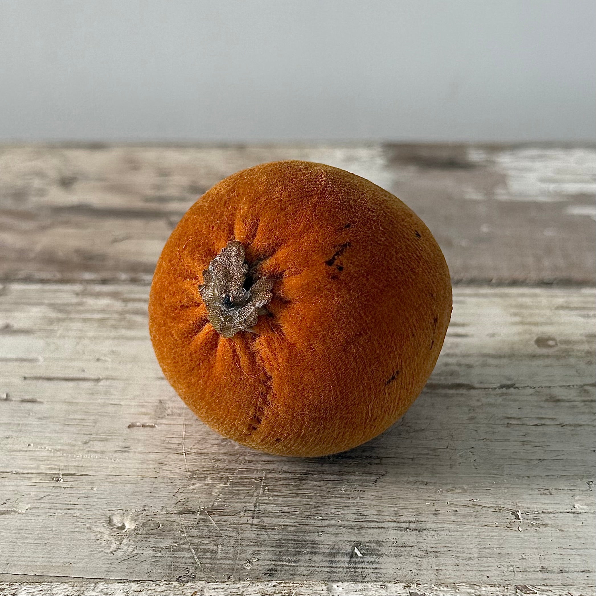 1830s Antique Velvet Orange Pin Cushion with Coated Fabric Leaf Detail
