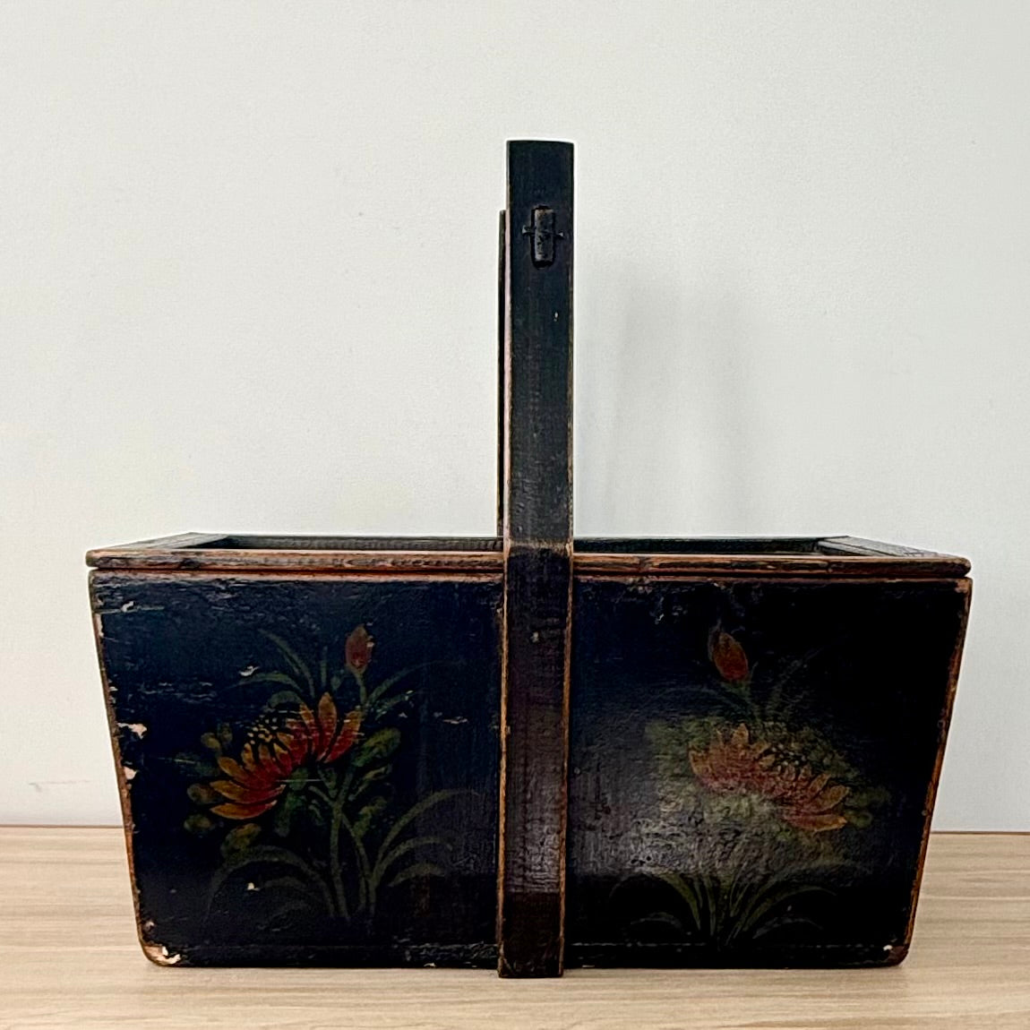 Antique Norwegian Folk Art Painted Wooden Knitting Basket c.1900