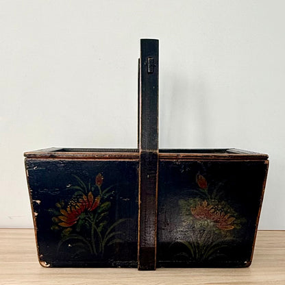 Antique Norwegian Folk Art Painted Wooden Knitting Basket c.1900