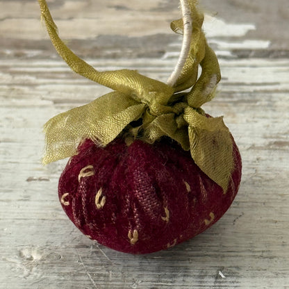 Antique Victorian Velvet Strawberry Emery with Silk Ribbon Leaves