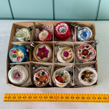 Boxed Set of 12 Vintage Concave Reflector Glass Baubles