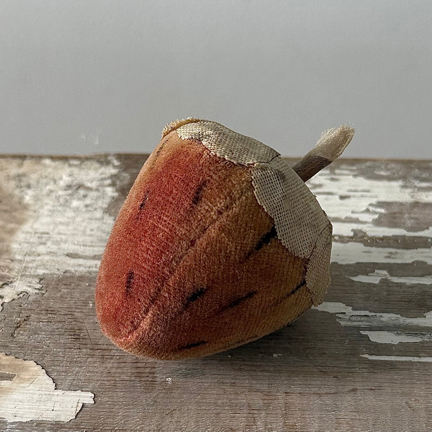 1830s Antique Velvet Strawberry Pin Cushion with Fabric Leaves