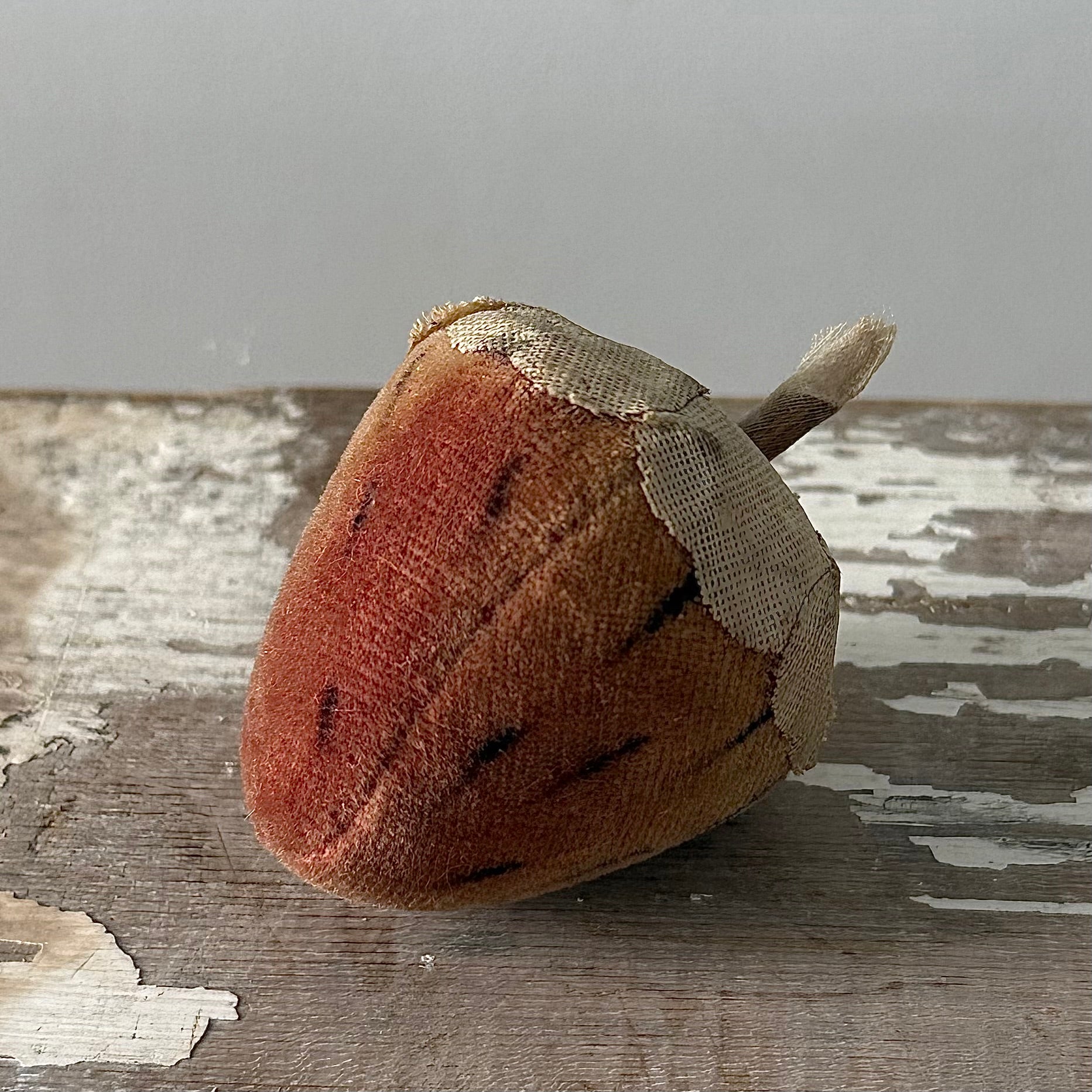 1830s Antique Velvet Strawberry Pin Cushion with Fabric Leaves