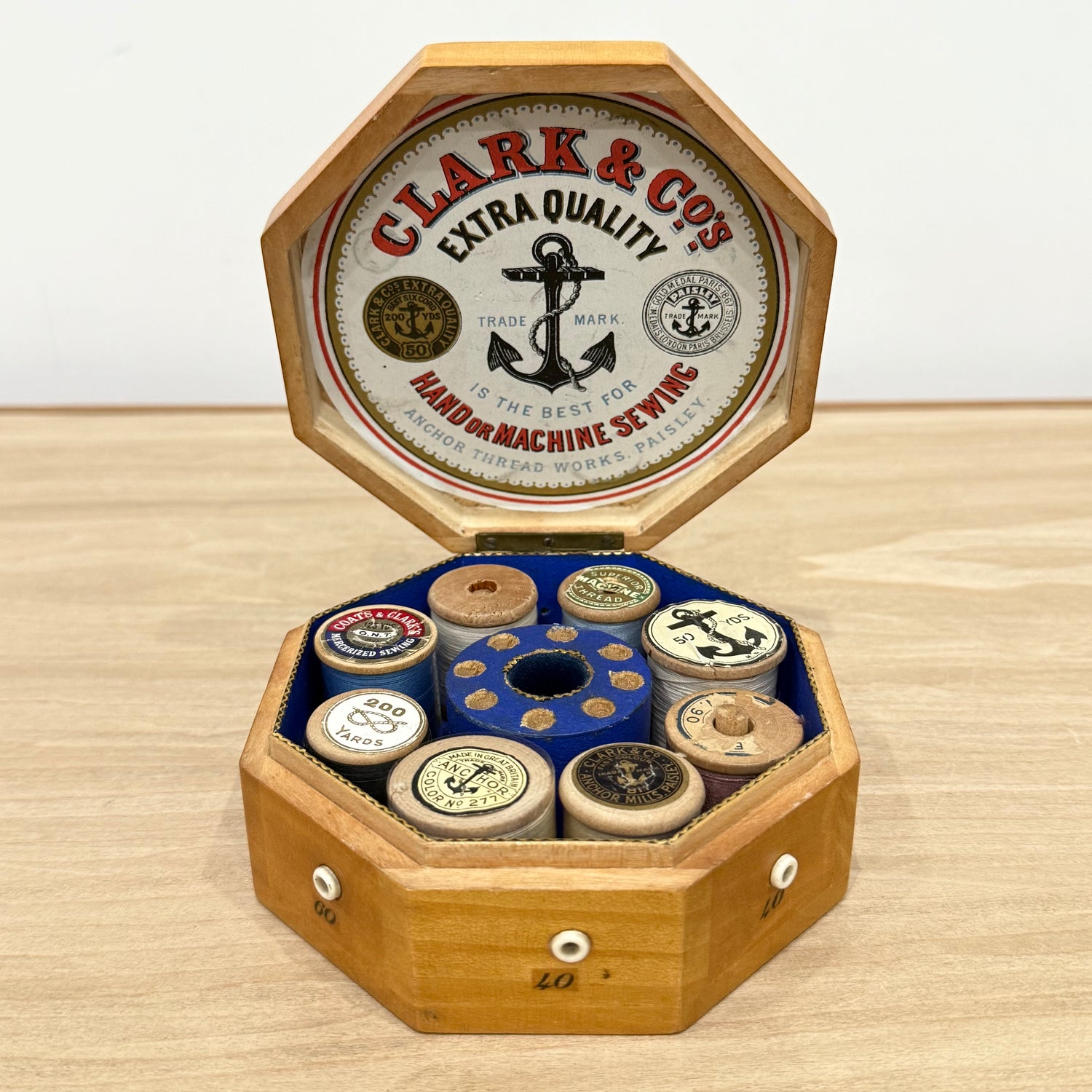 Edwardian Clark &amp; Co Mauchline-Type Transfer Cotton Reel Box with Reels