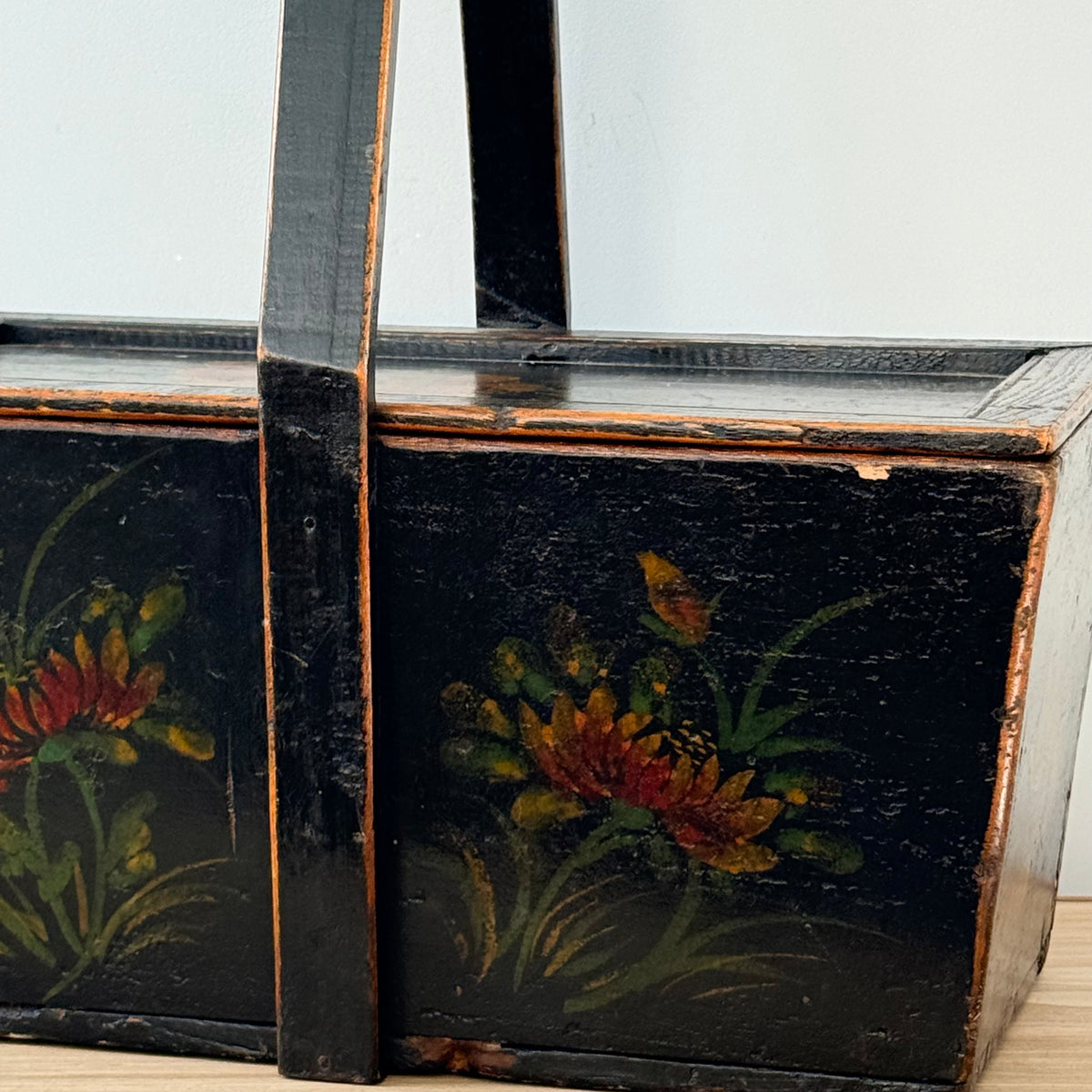 Antique Norwegian Folk Art Painted Wooden Knitting Basket c.1900