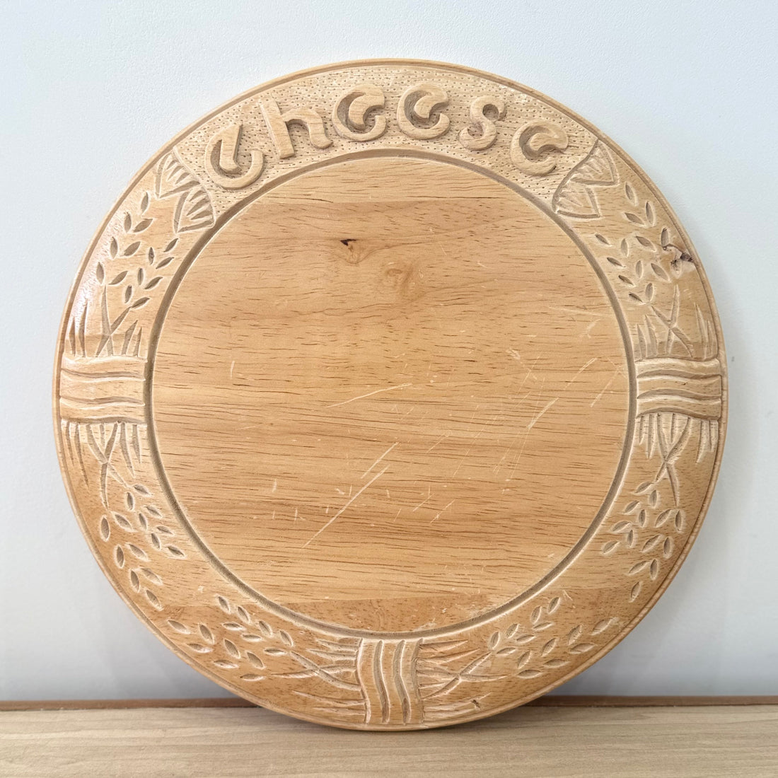 Vintage Carved Wooden Cheese Board “Cheese” Round Serving Board 25cm