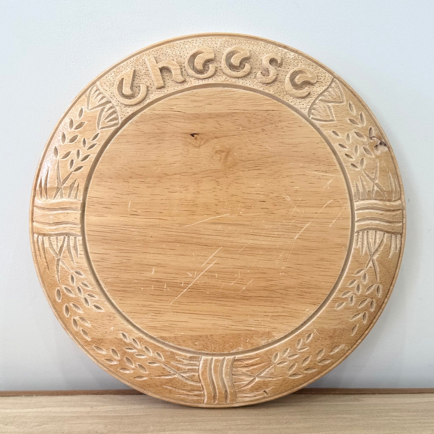 Vintage Carved Wooden Cheese Board “Cheese” Round Serving Board 25cm