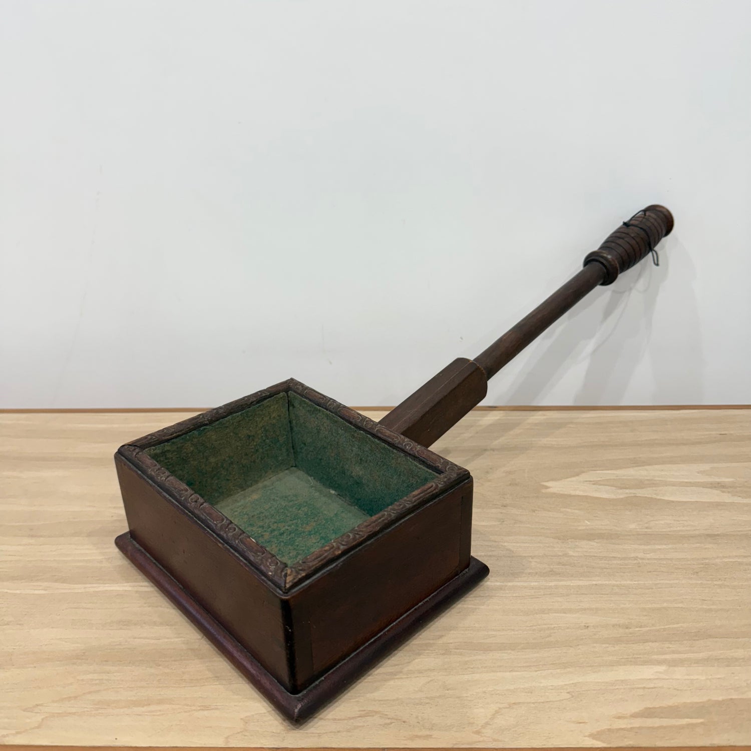 Antique Wooden Church Collection Box on Handle with Green Felt Interior
