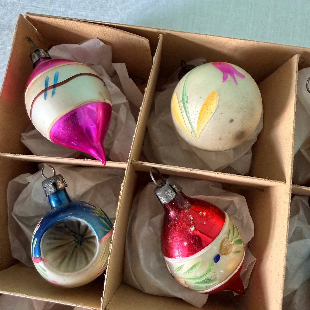 Boxed Set of 12 Miniature Vintage Glass Christmas Baubles