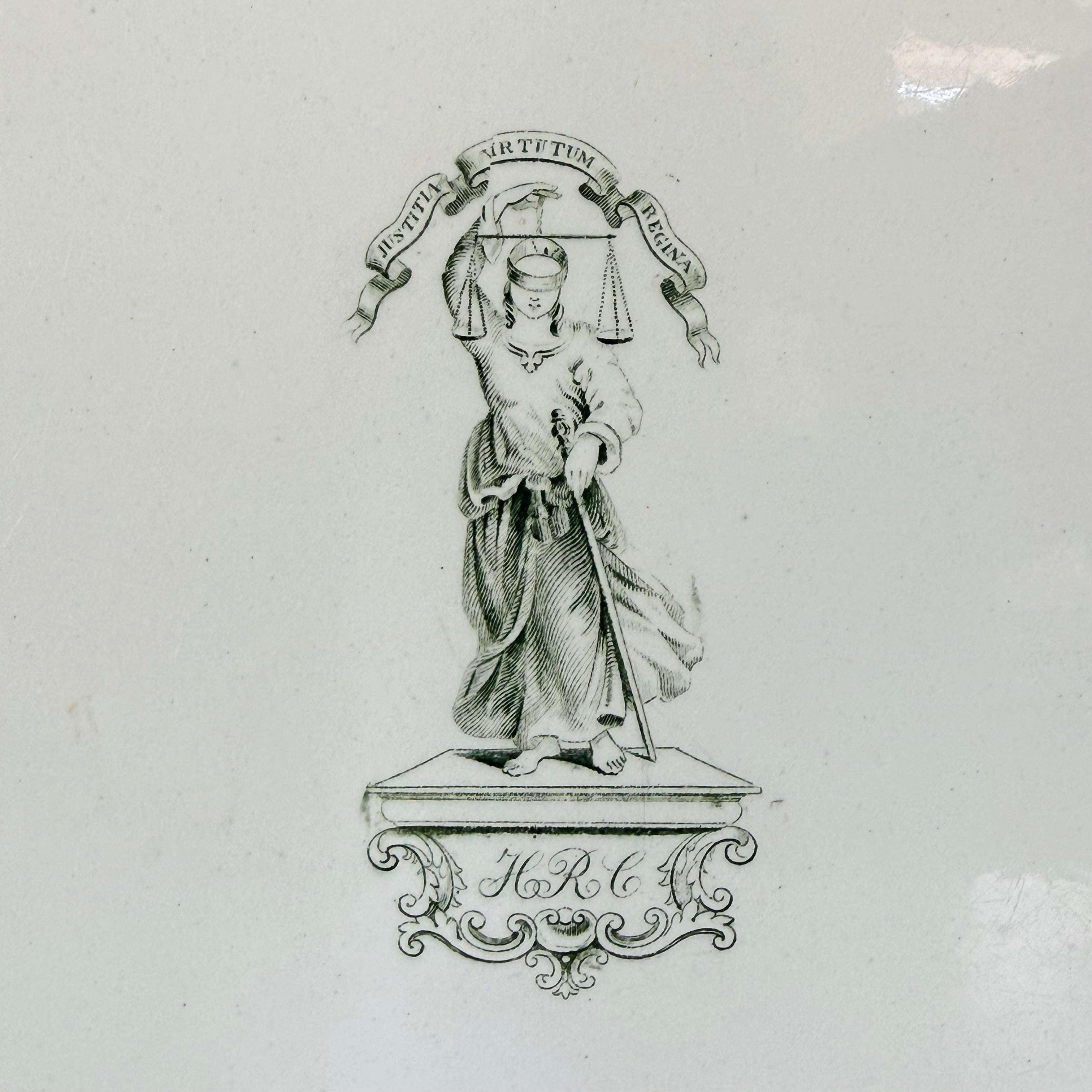 Victorian Green Transfer Grocer’s Scale Plate – Lady Justice HRC c.1860s