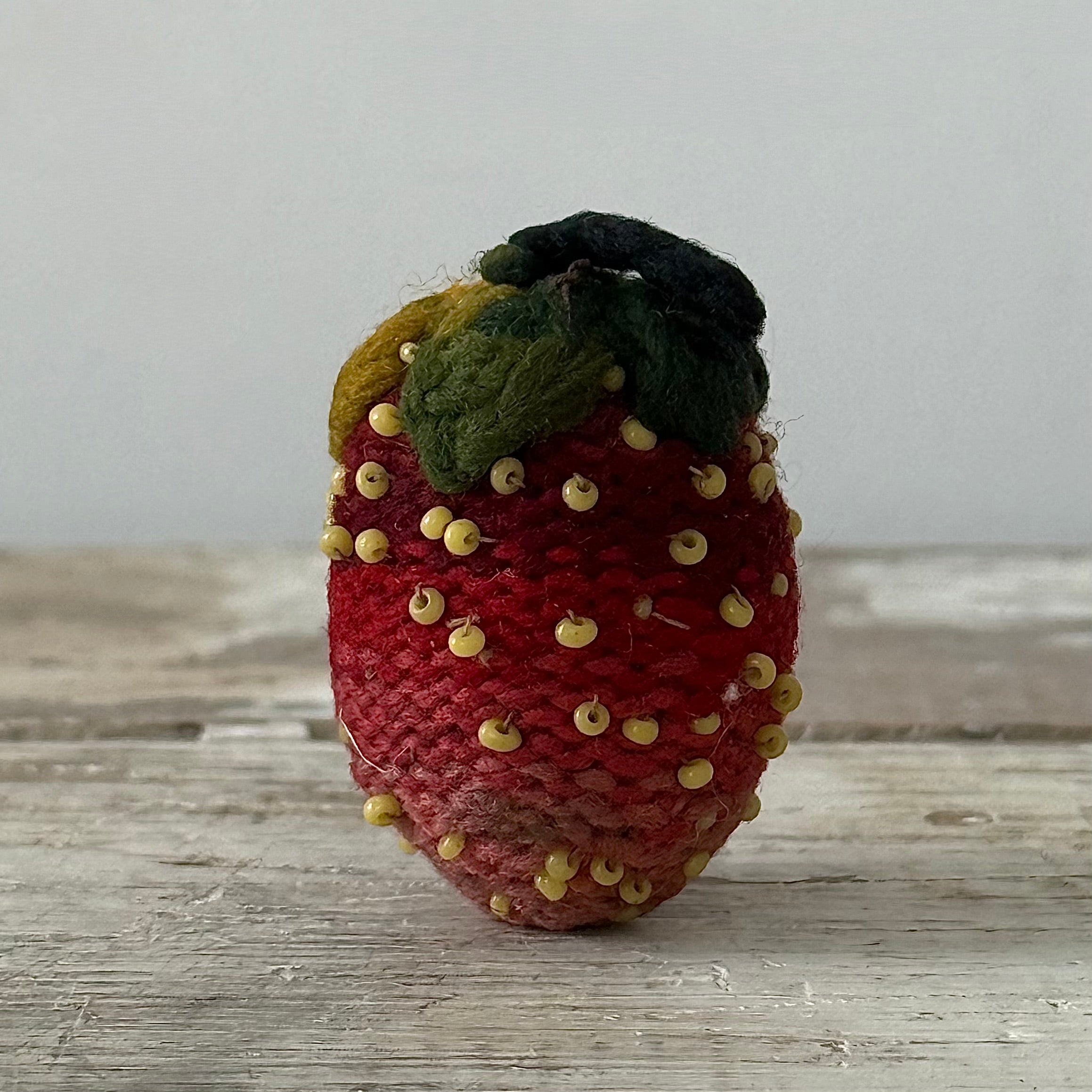 Antique Knitted Strawberry Emery with Beaded Seeds