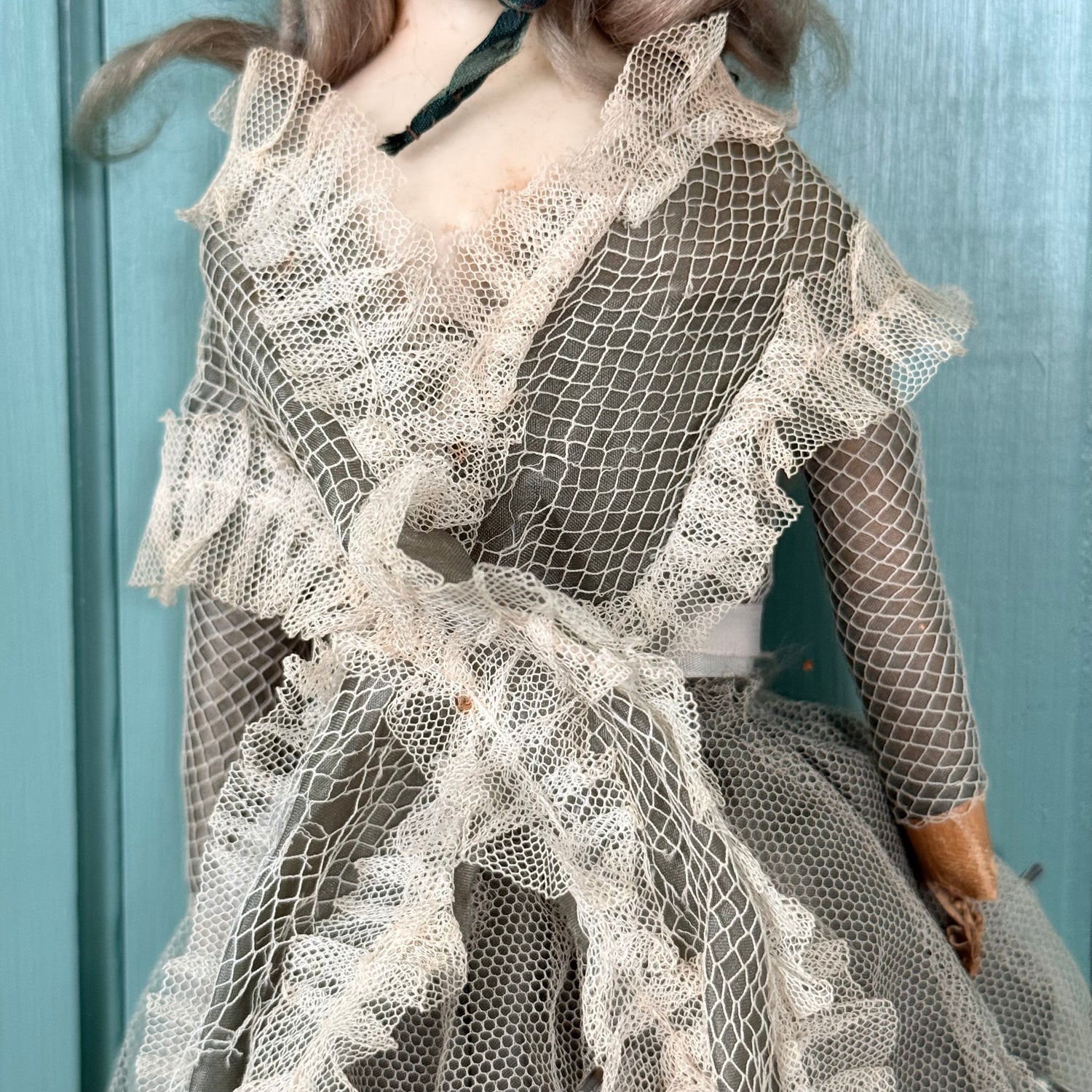Antique Victorian Wax Over Shoulder Head Doll in Original Style Costume c.1870