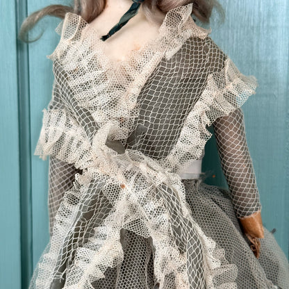Antique Victorian Wax Over Shoulder Head Doll in Original Style Costume c.1870