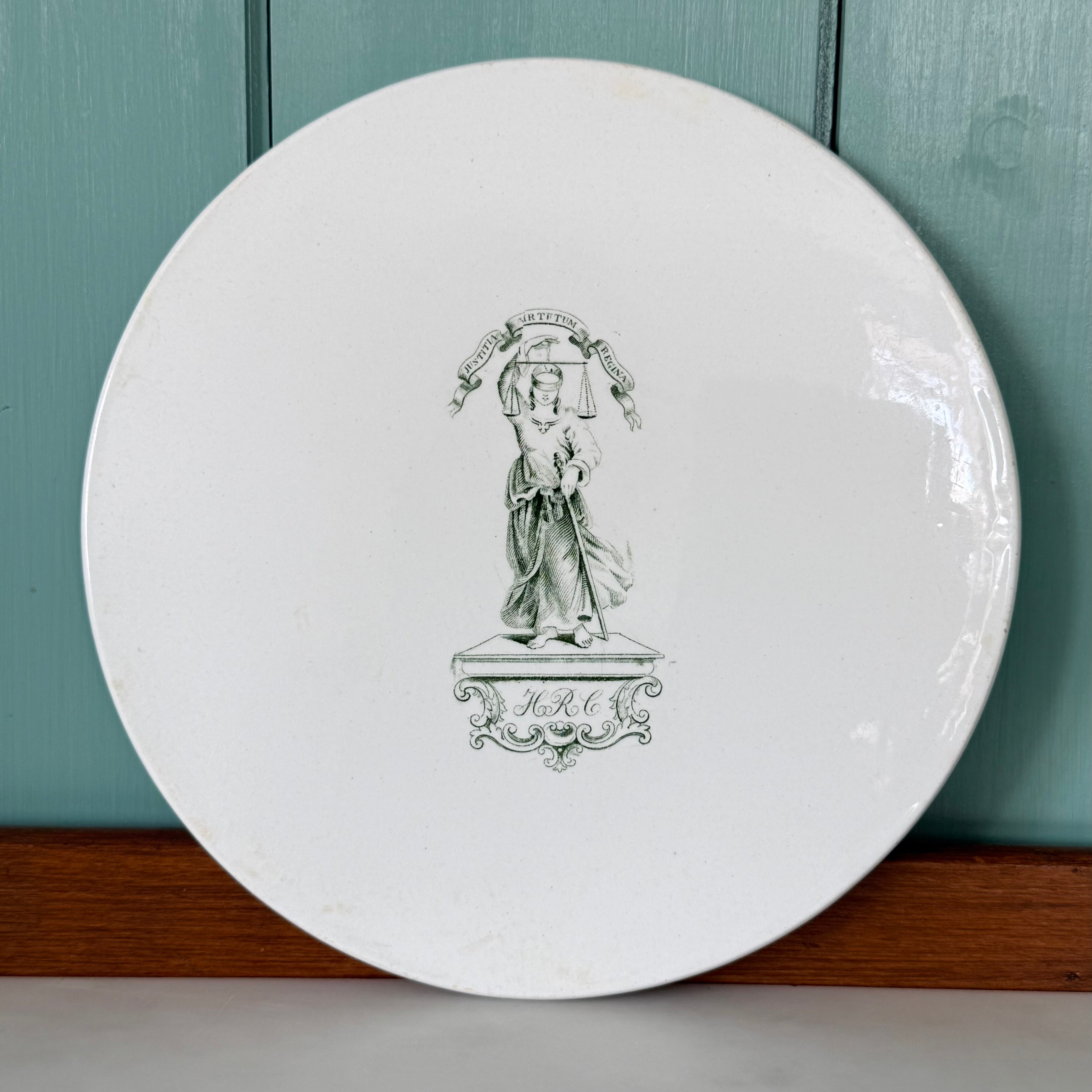 Victorian Green Transfer Grocer’s Scale Plate – Lady Justice HRC c.1860s