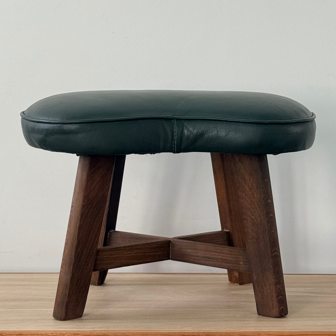 Vintage Mid-Century Kidney Shaped Green Upholstered Footstool