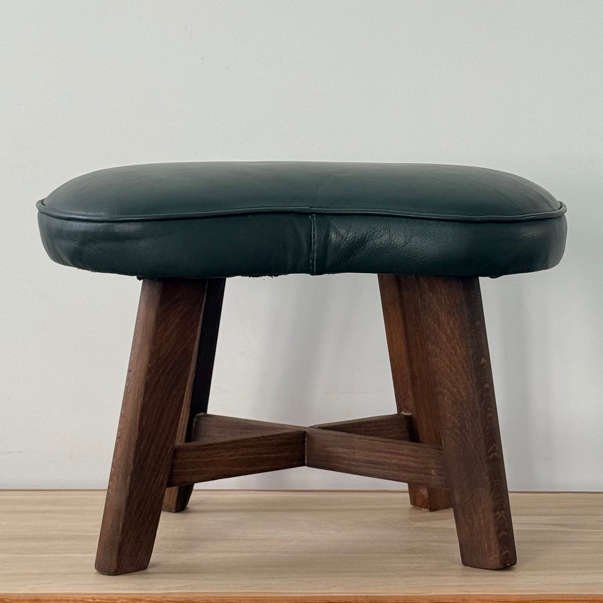 Vintage Mid-Century Kidney Shaped Green Upholstered Footstool