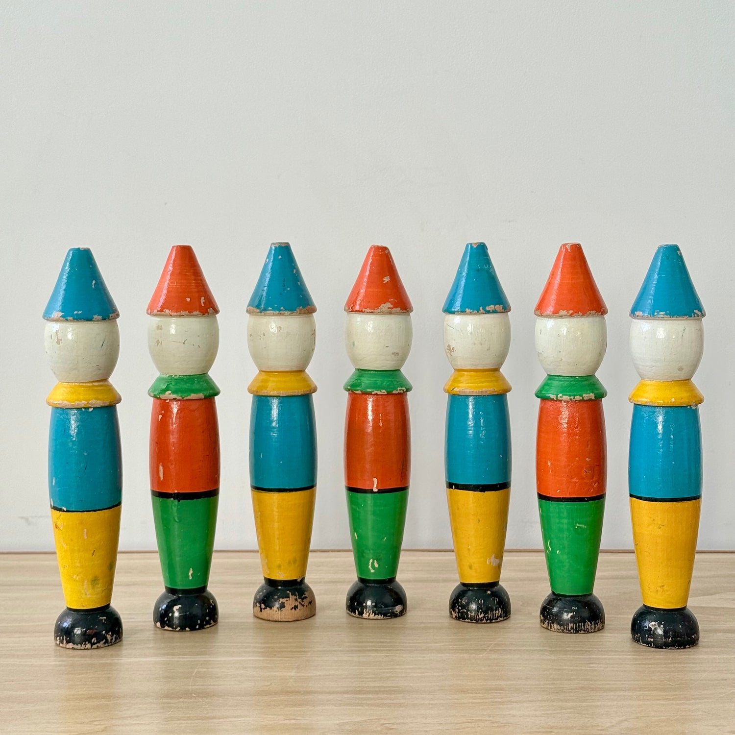 Vintage Wooden Clown Skittles Pins Seven Figures Hand Painted Folk Toy 21cm