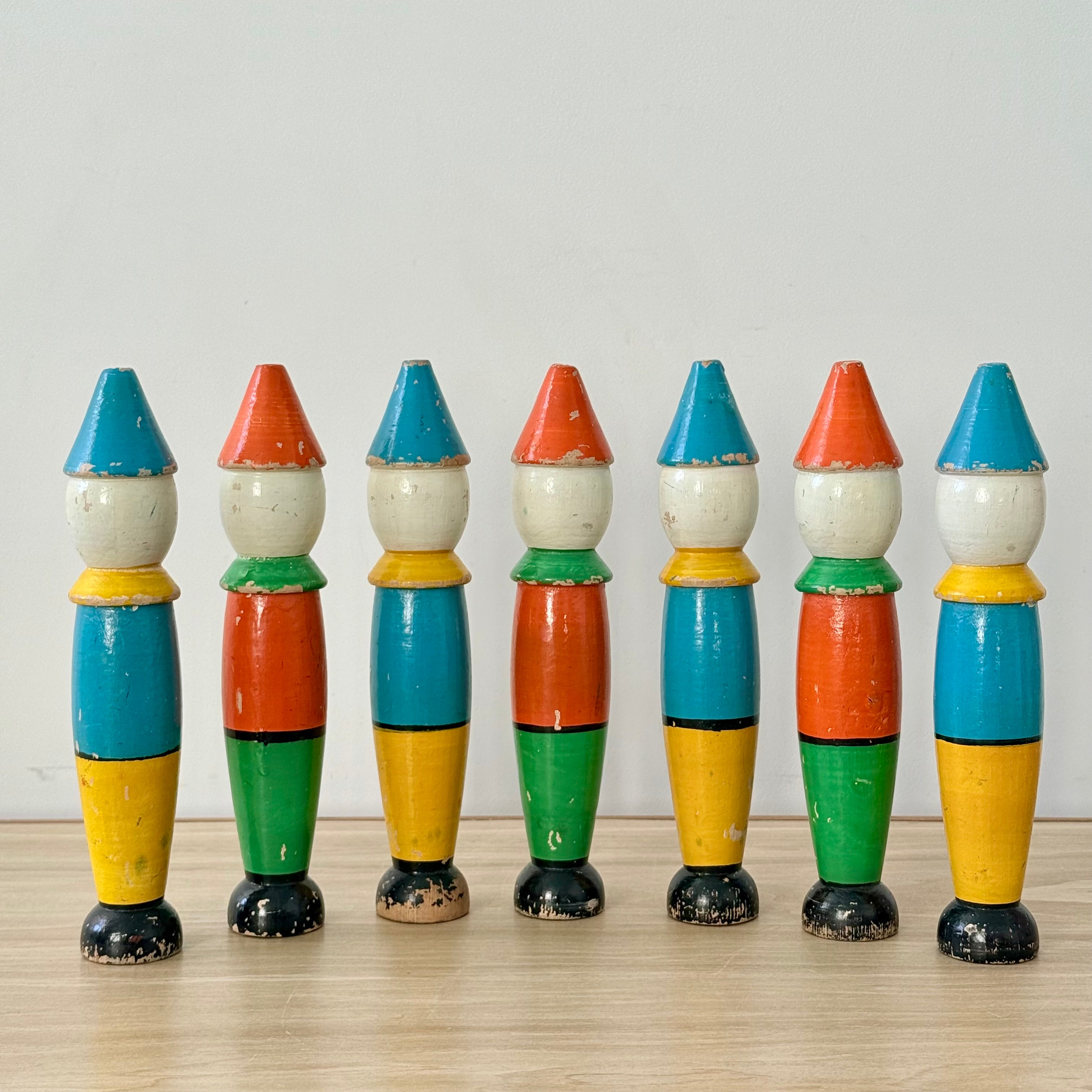 Vintage Wooden Clown Skittles Pins Seven Figures Hand Painted Folk Toy 21cm