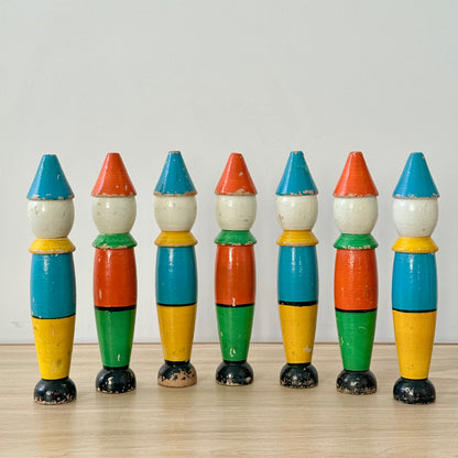 Vintage Wooden Clown Skittles Pins Seven Figures Hand Painted Folk Toy 21cm