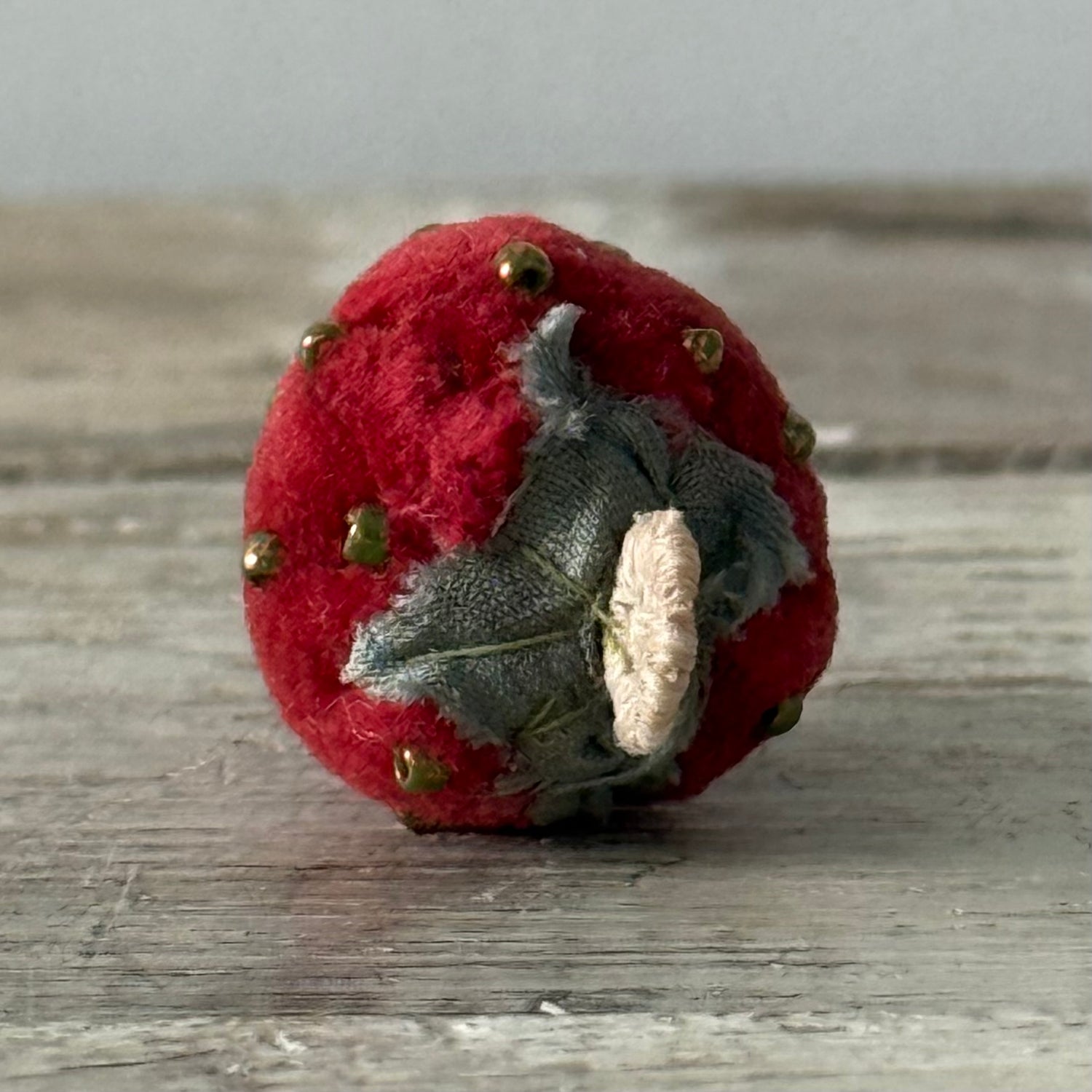 Antique Velvet Strawberry Pincushion with Metal Beads and Crocheted Flower