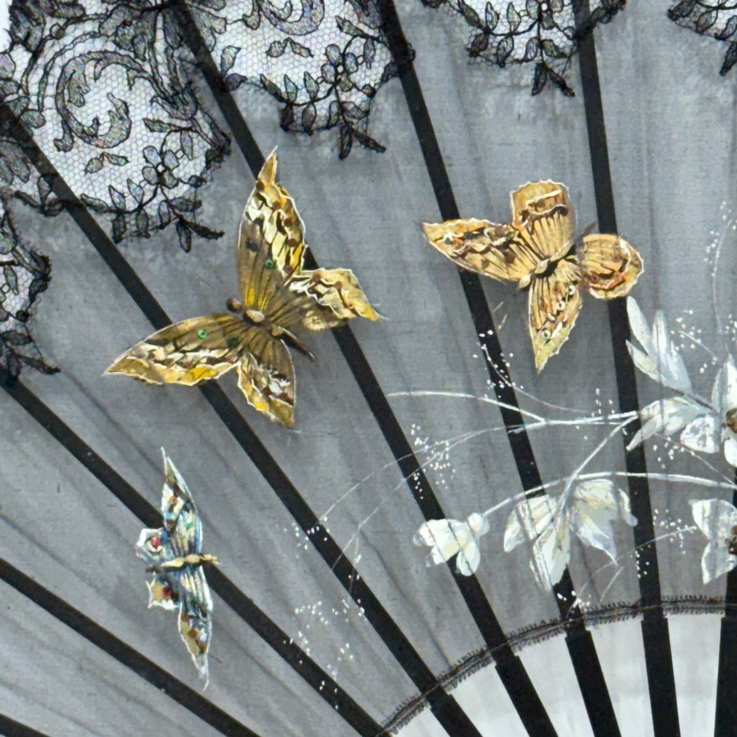 Antique Hand Painted Lace Fan with Butterflies Edwardian Black Mourning Style