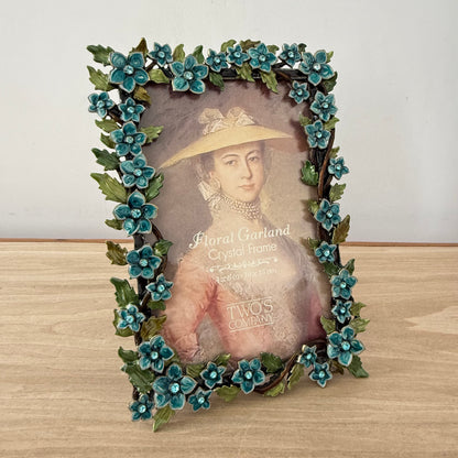 Floral Crystal Photo Frame 4x6 Blue Flower Decorative Vintage Style Gift
