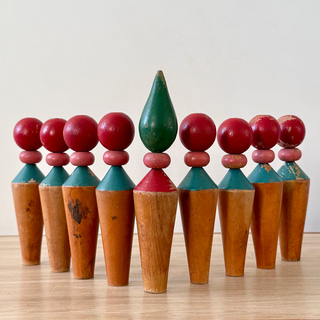 Vintage Wooden Skittles Set Folk Art Toy Display