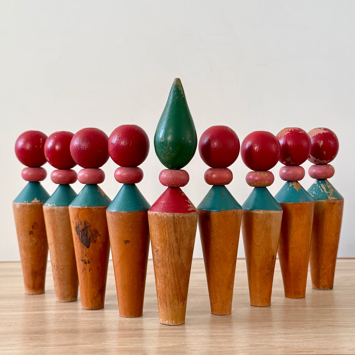 Vintage Wooden Skittles Set Folk Art Toy Display