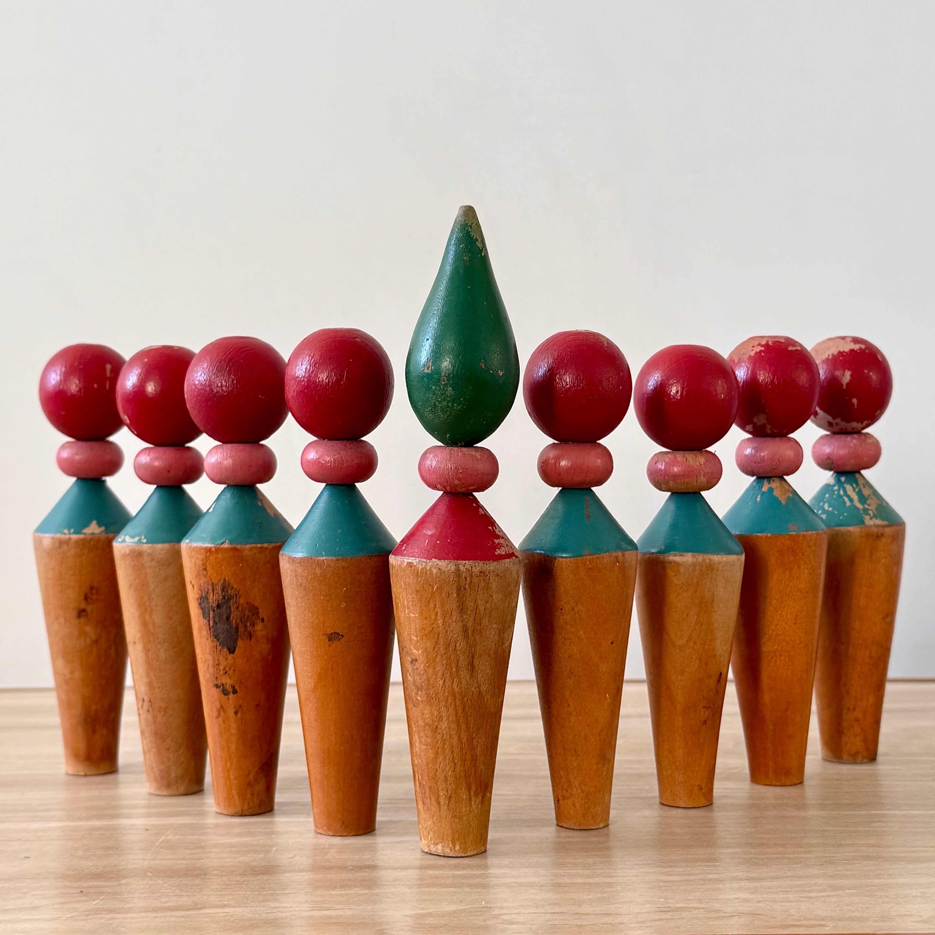 Vintage Wooden Skittles Set Folk Art Toy Display