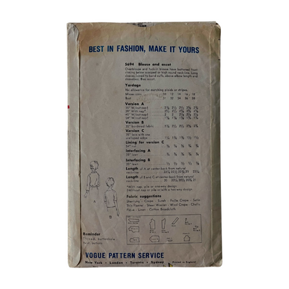 Vogue 5694 Womens Size 12 Blouse Top