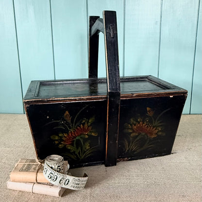 Antique Norwegian Folk Art Painted Wooden Knitting Basket c.1900