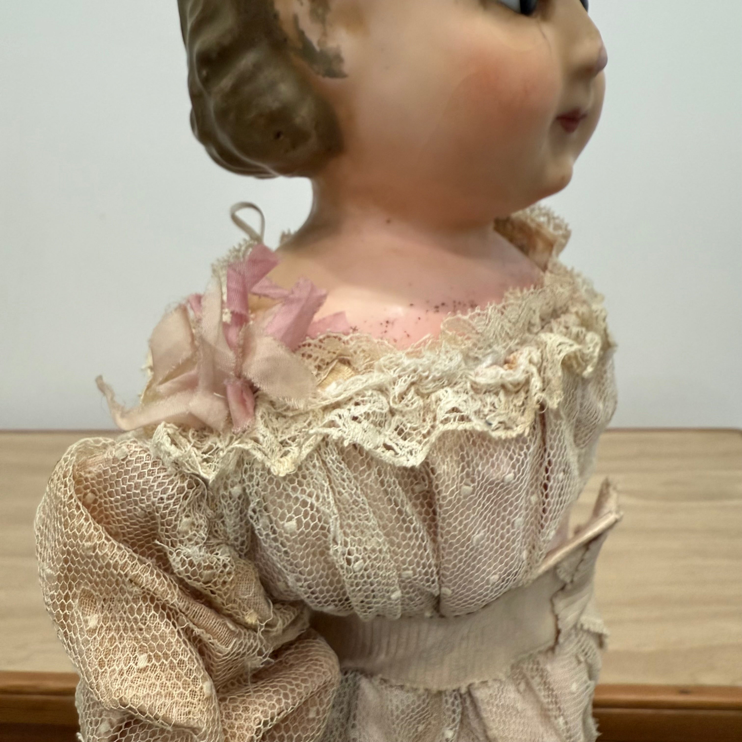 Antique Wax Head “Pumpkin Head” Doll with Original Dress c.1870