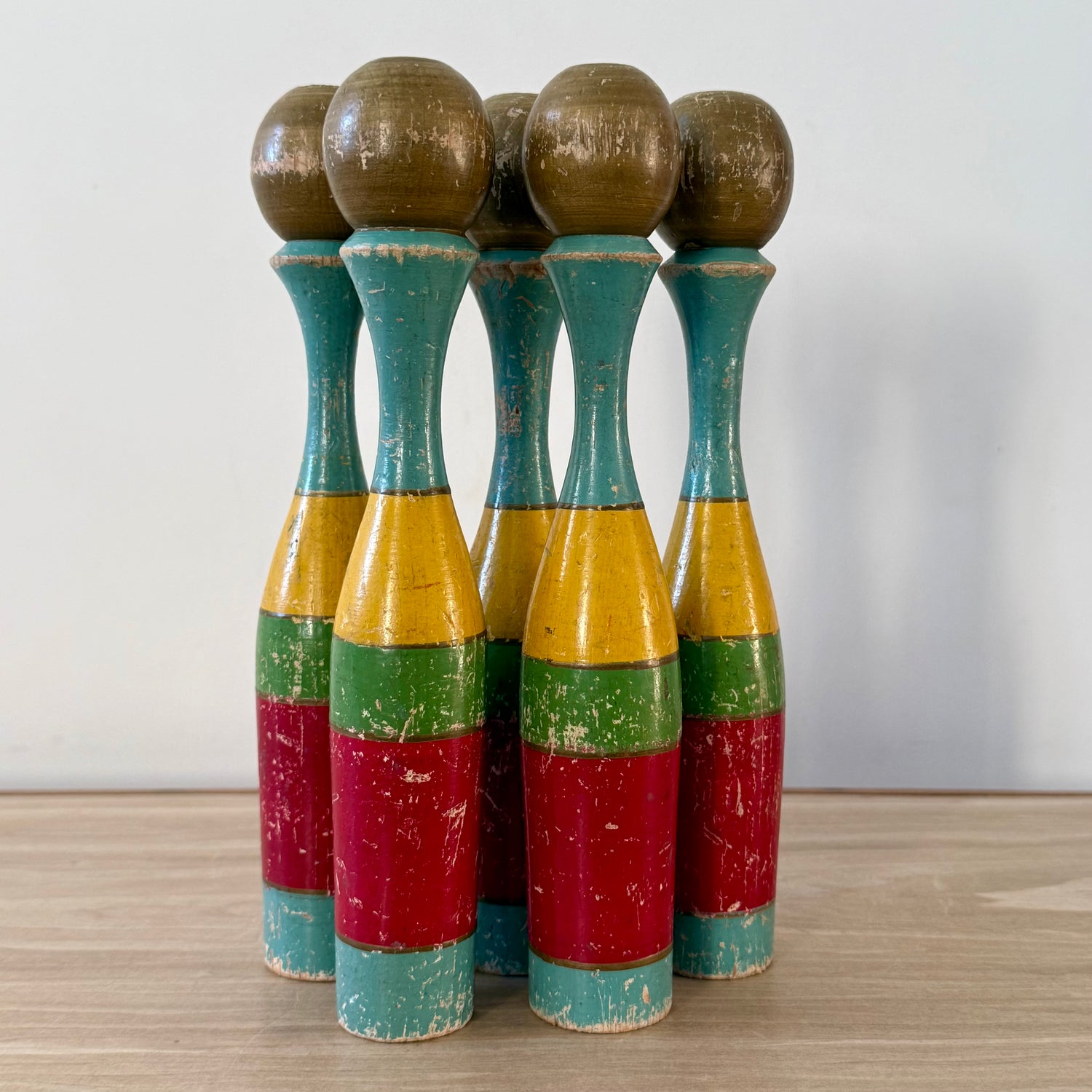 Vintage Wooden Skittles Pins Set Painted Folk Art Toy