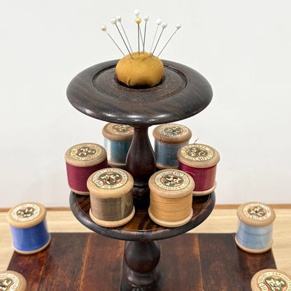 Antique Wooden Thread Spool Stand with Drawer and Silk Pin Cushion