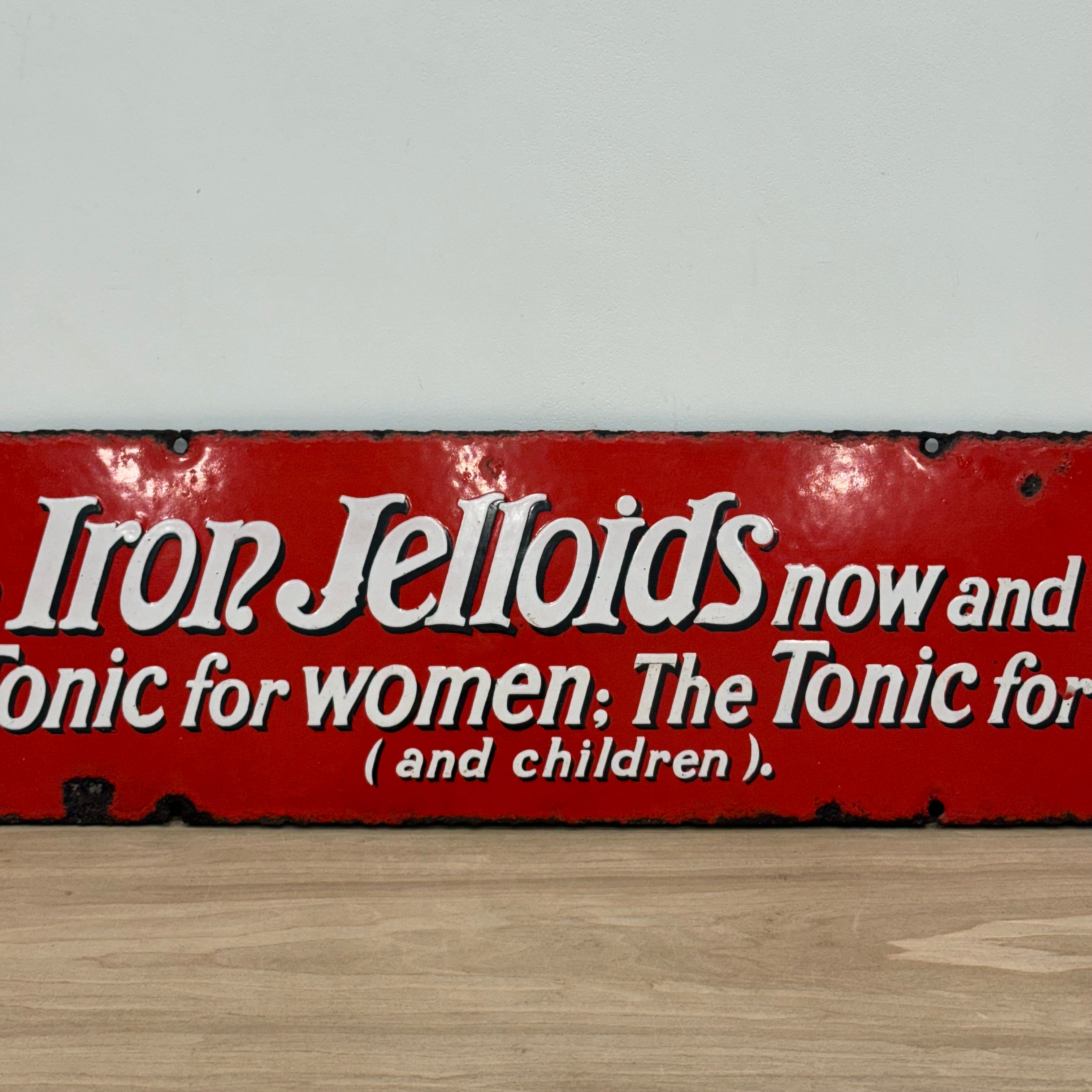 Iron Jelloids Enamel Advertising Sign Tonic for Women Men and Children c1930