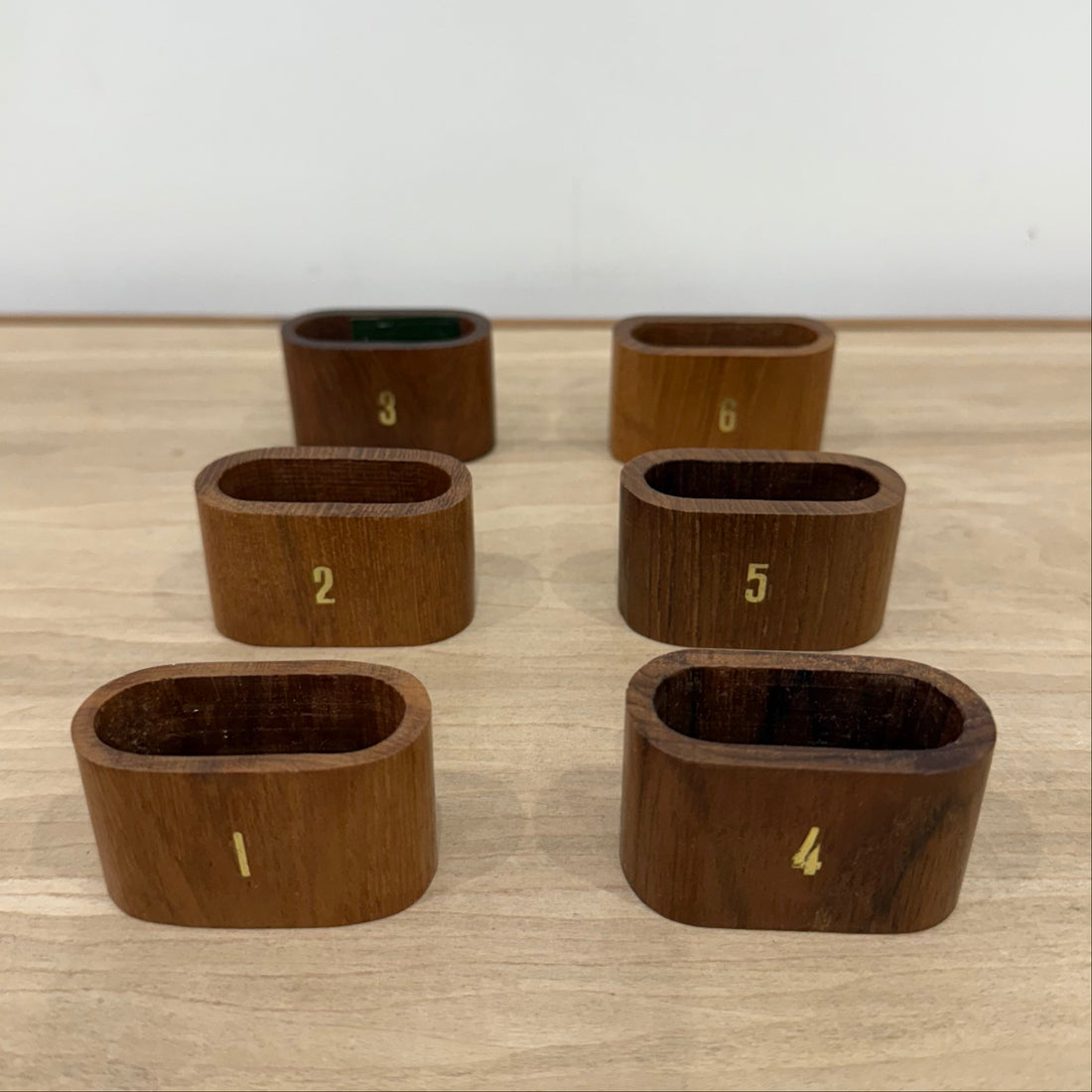 Vintage Genuine Teak Numbered Napkin Ring Set with Original Box