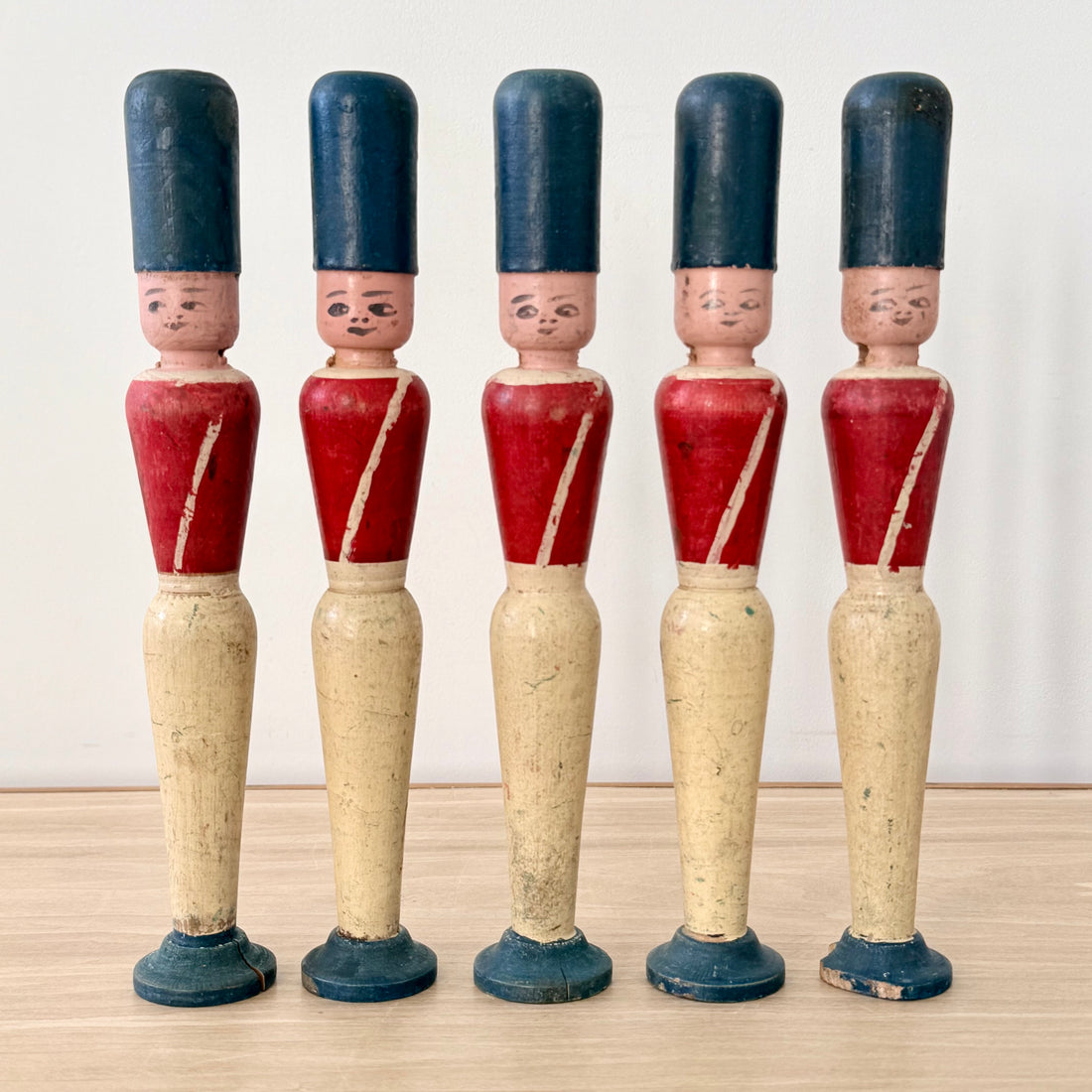Vintage Wooden Skittles Pins 5 Guardsman Figures 24cm Folk Toy