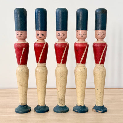 Vintage Wooden Skittles Pins 5 Guardsman Figures 24cm Folk Toy