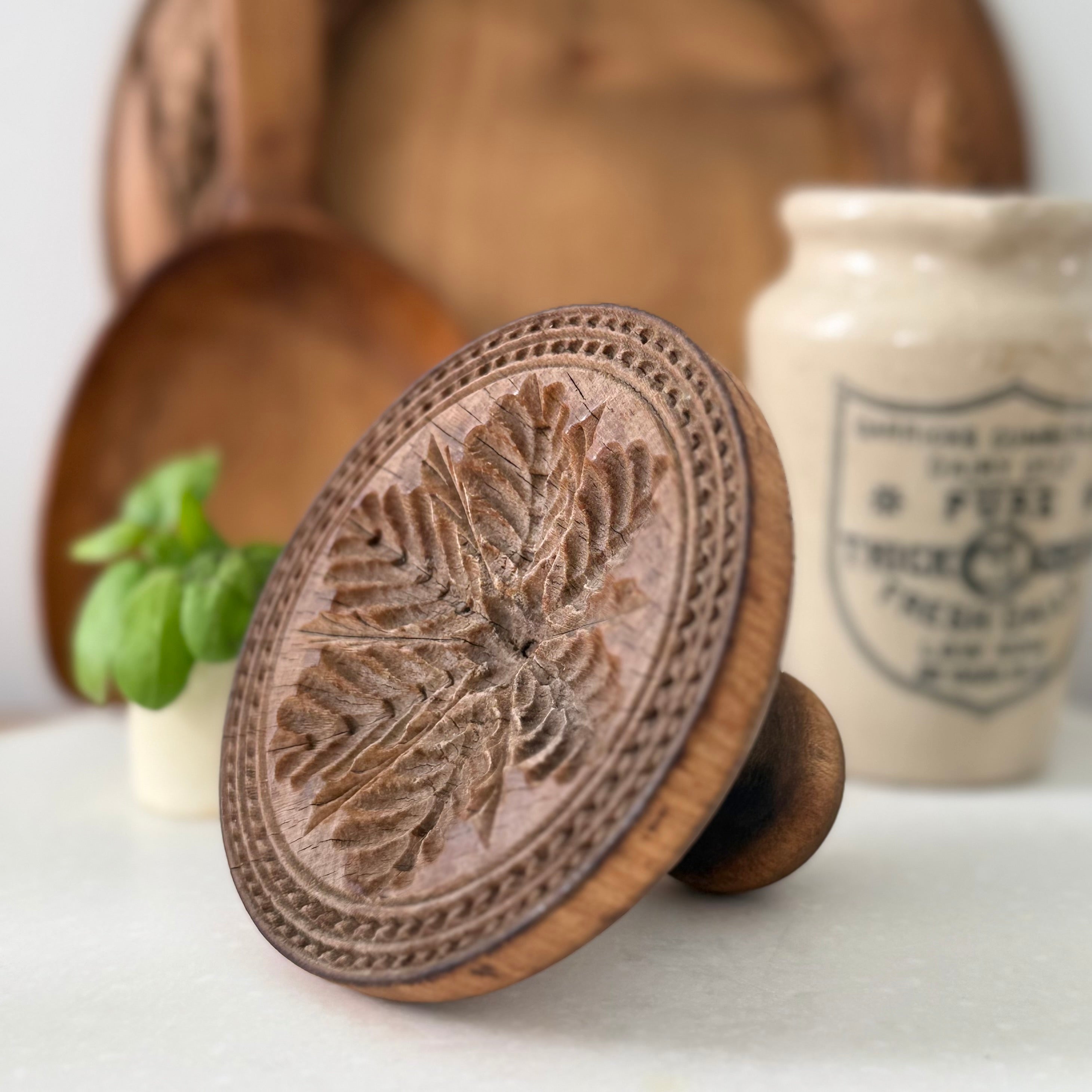 Antique Treen Butter Stamp Leaf Rosette